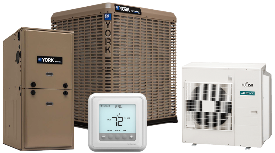 An assortment of York, Fujitsu, and Honeywell Heating and Cooling products that we work with