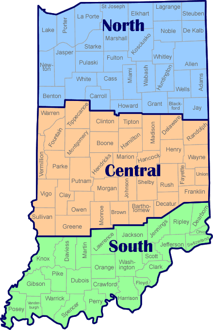 A map of Indiana showing the different regions we operate in